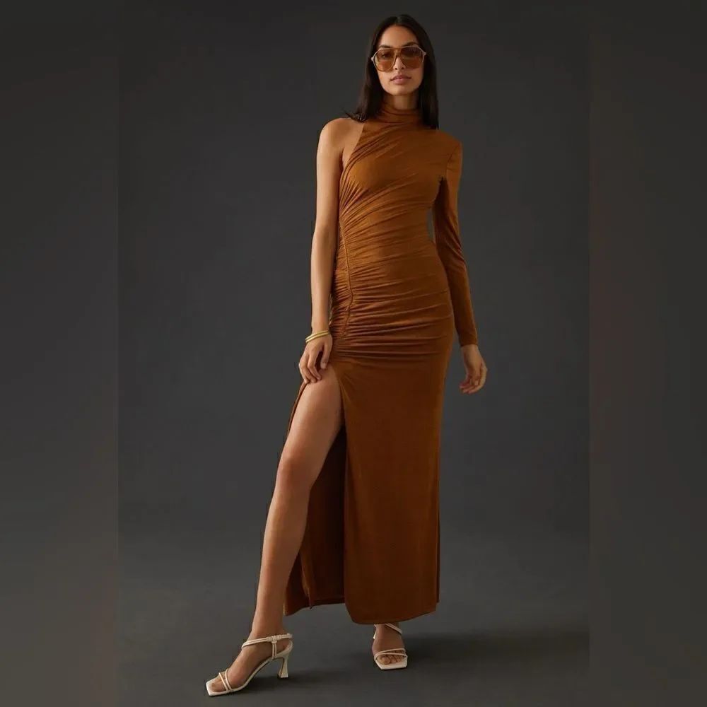 MISHA PAULINE ASYMMETRICAL HIGH-SLIT MAXI DRESS - Bronze - Size 2
